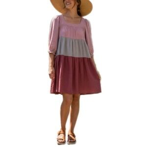 SM Womens Oversized Swing Babydoll Colorblock Linen Blend Cottagecore Puff